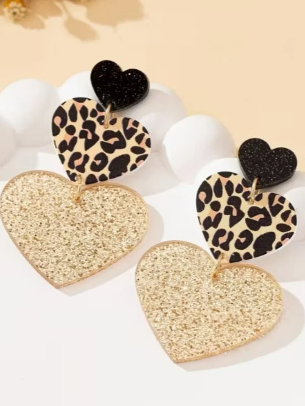 Black, Leopard & Gold Stacked Hearts Statement‎ Dangle Earrings (NEW & SO CUTE!)